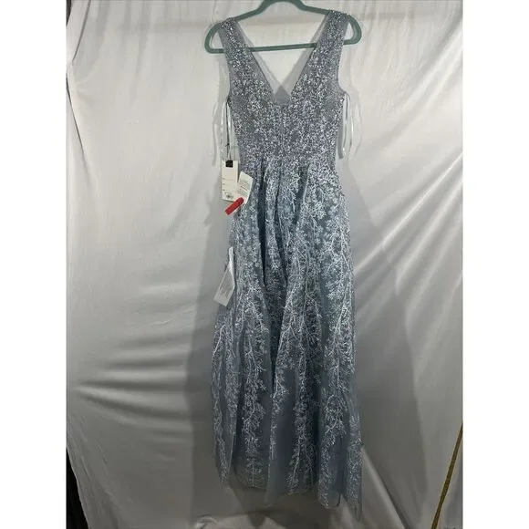 NWT$798 Mac Duggal [ 6 ] Illusion Embellished V Neck A Line Gown Fusion Blue J56